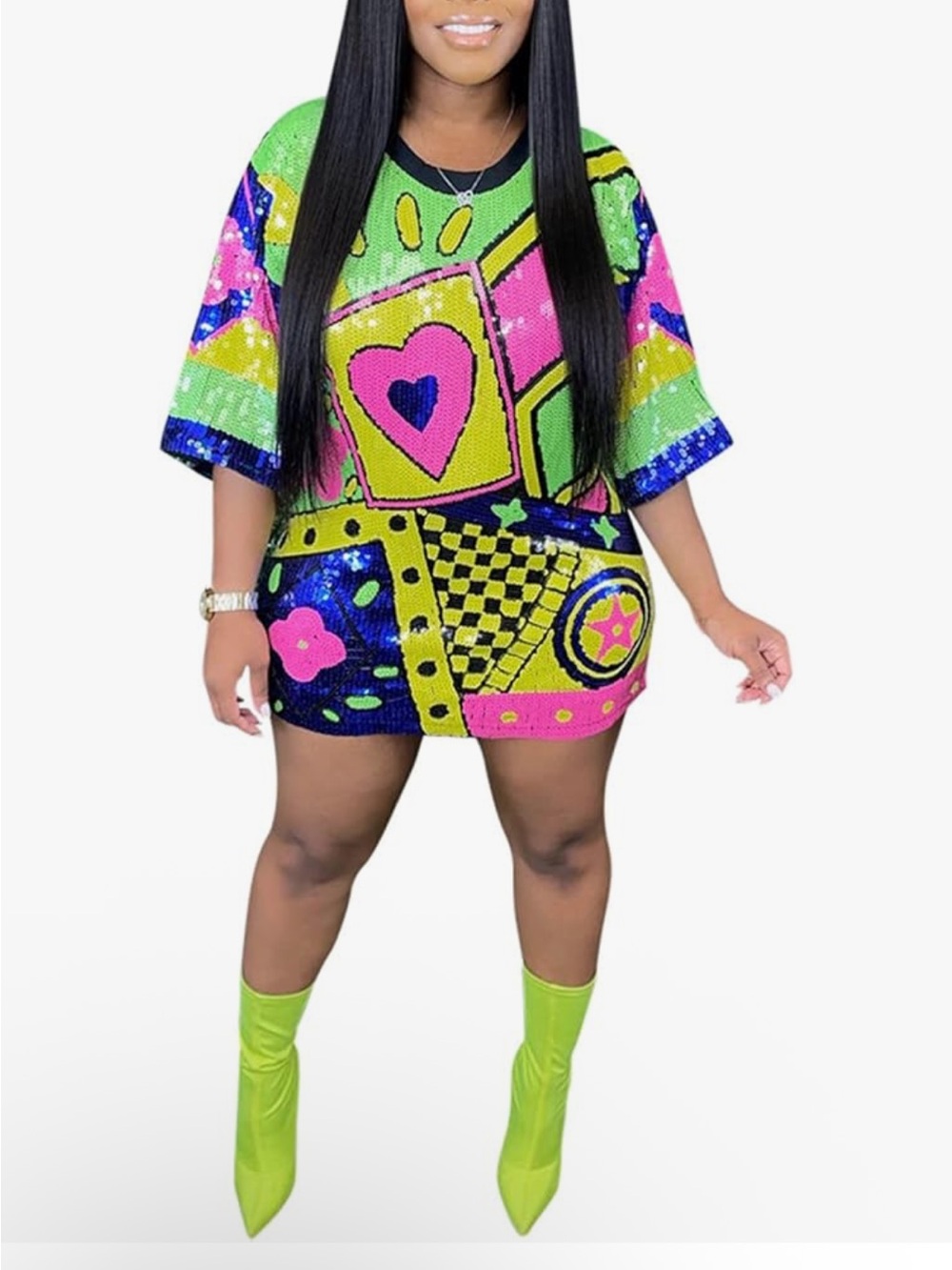 NWOT Neon Sequin Mini Dress with Graphic Heart Detail - Bright Green & Pink